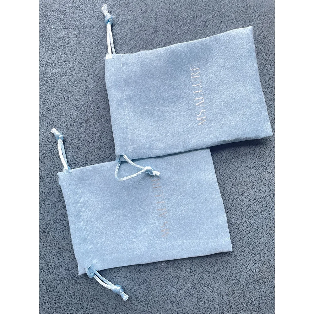Custom Logo light blue Velvet Suede Jewelry Bag Gift Packaging Drawstring Pouch with silver printing