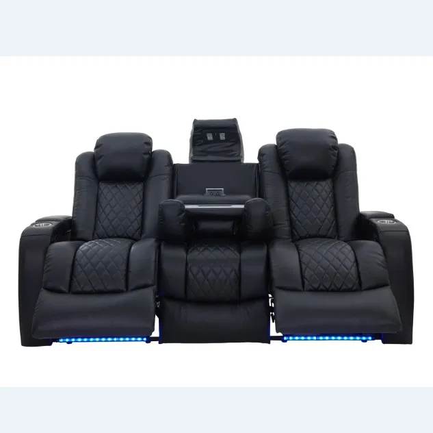 Functional genuine Leather 1+2+3 electric recliner sofa set with LED USB and console