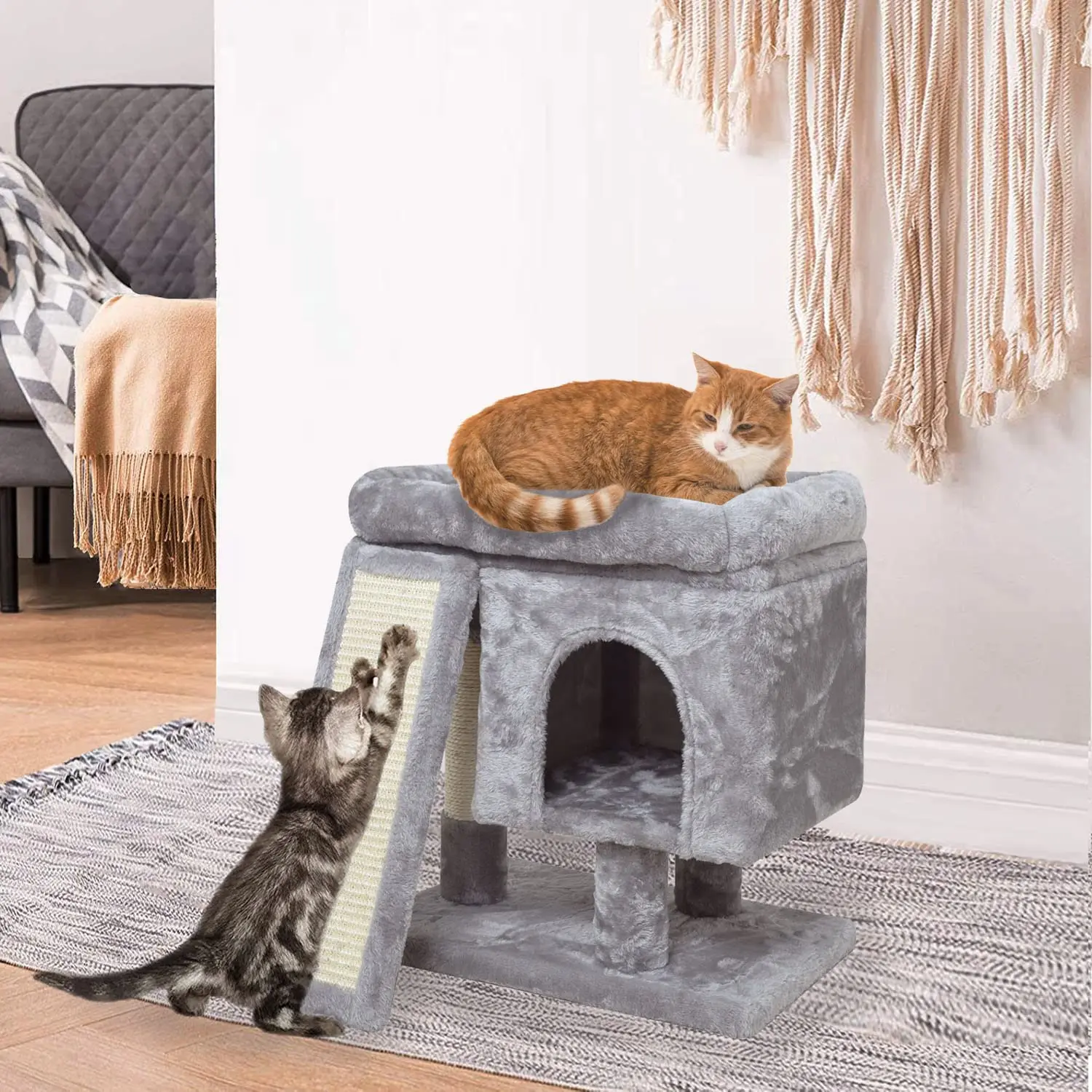 Small Cat Tree for Indoor Cats, Modern Cat Activity Tower with Plush Perch Kittens Condo with Scratching Post and Board, Cat Ca