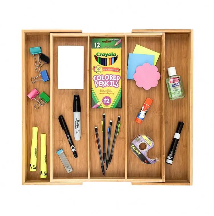 Большая бамбуковая Выдвижная посуда, лоток для хранения столовых приборов, ящик-органайзер, регулируемый кухонный ящик, разделитель, бамбуковый выдвижной ящик