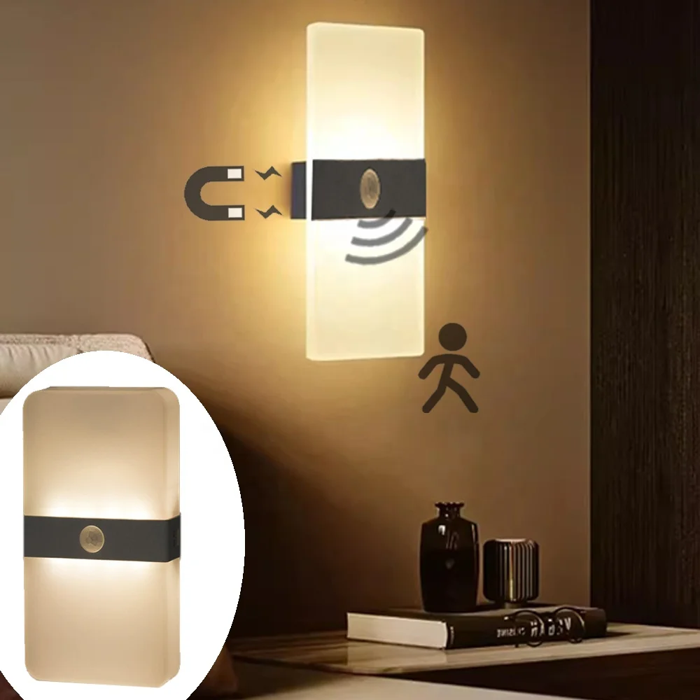 Human body induction wall lamp rechargeable magnetic wall light IP54 waterproof dimmable Bedside light with PIR motion sensor