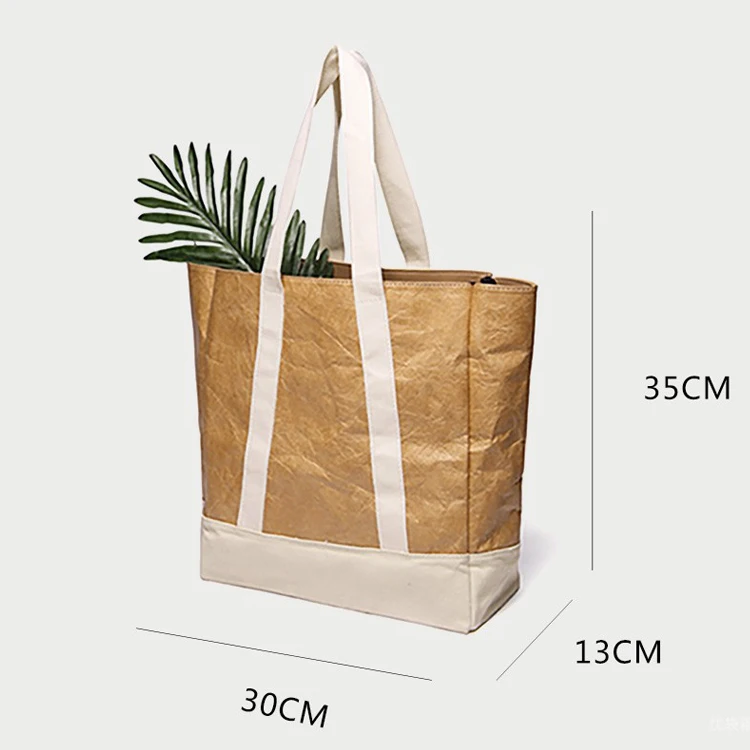 custom logo canvas handle kraft paper tote women shoulder shopping bag large contrasting color stitching tyvek kraft tote