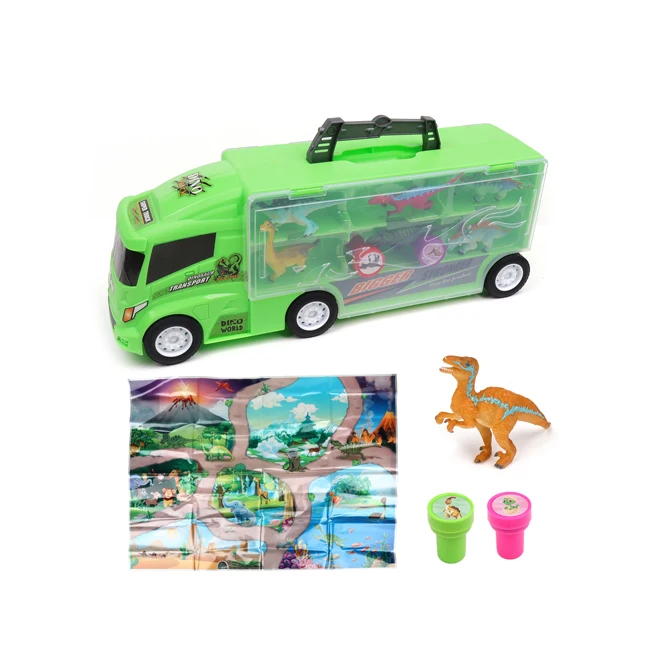 Kids sliding vehicle toy portable simulate dinosaur transport car with map set toys container truck toy