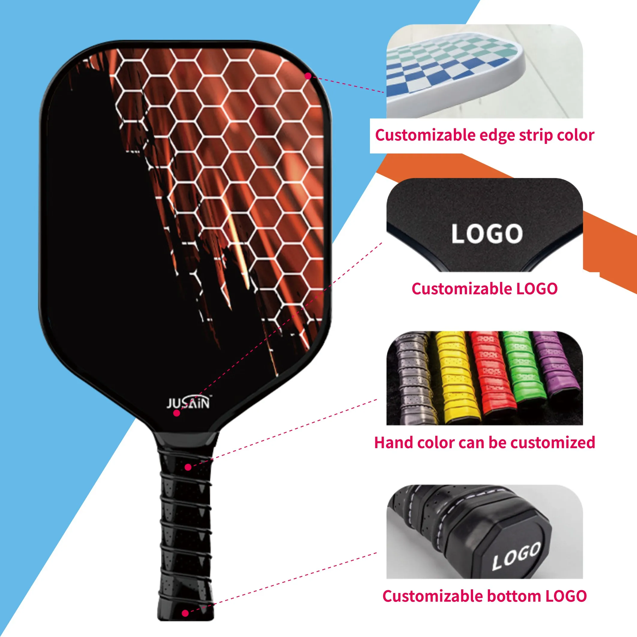 Customizable Cold Pressed Fiberglass Pickleball Paddle with Honeycomb Core for Beginners with Custom Logo