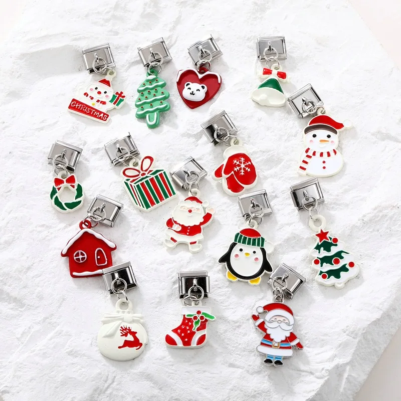 Personalized DIY Stainless Steel Italian Link Charms Pendants Santa Claus Enamel Italian Christmas Charms for Bracelet