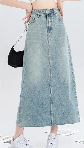 Light blue denim skirt for women with a loose split back, high waist, slim fit, and a buttocks wrapped mid length skirt