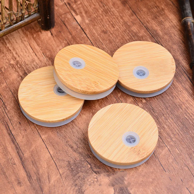 Round reusable sublimation wooden silicone bamboo lid for 16 oz glass beer cans