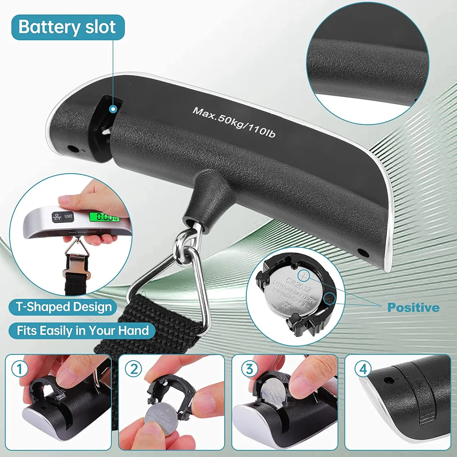 Portable 50kg Smart Luggage Scales Hand Scales with Hook and Belt T Shape Scale for Travel