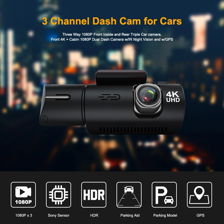 3 Camera Optional 4K Front and Cabin  Dash Camera Infrared Night Vision Camera Recorder Car Dash Cam