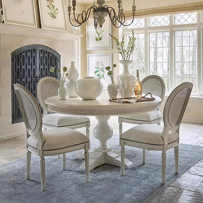 American solid wood dining table and chair combination oak retro white round table French style six people dining table custom