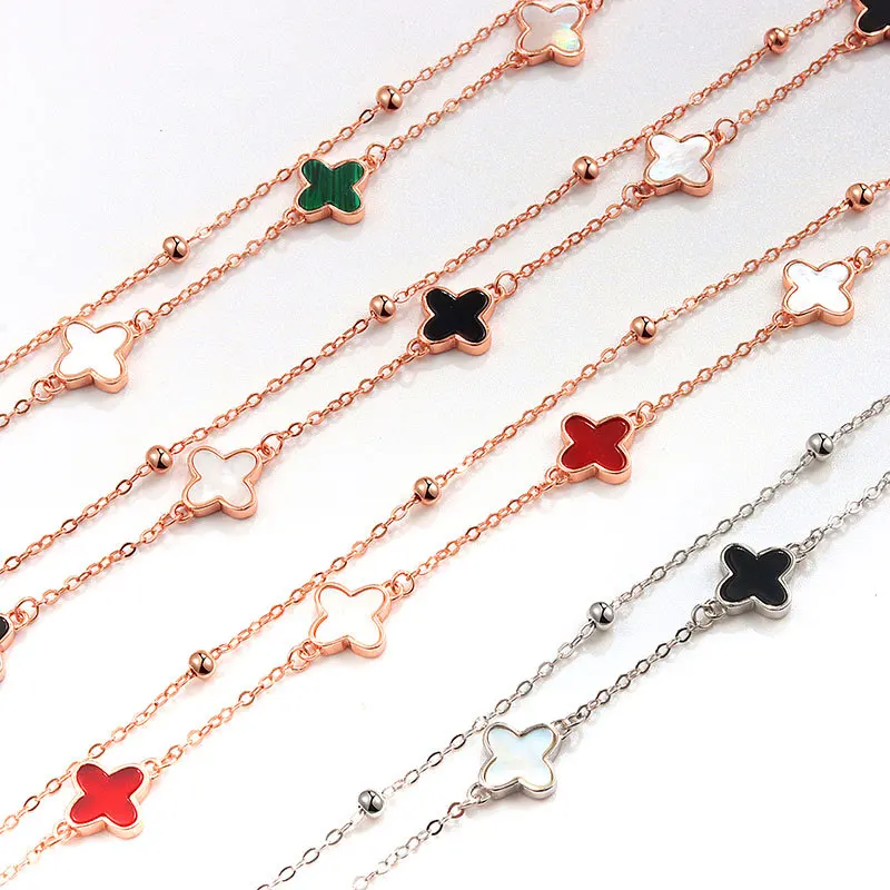 Custom 4 leaf clover pork belly S925 sterling silver Korean style agate double rose gold bracelet for girlfriends hand jewelry