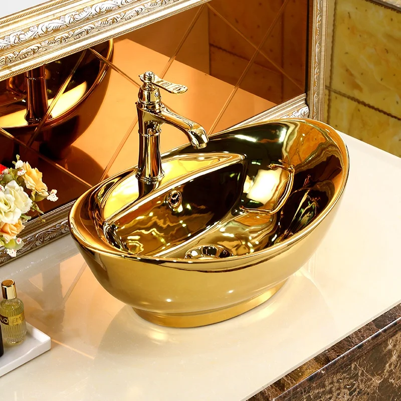 New Elegant bathroom sink ceramic gold electroplate golden wash basin