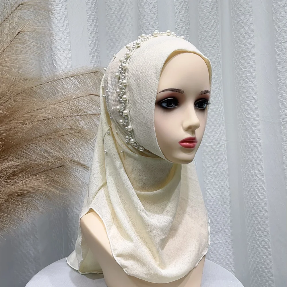Fashion Hot Sale with Pearls Instant Head Solid Color For Muslim Women Traditional Muslim Cloth Jersey Voile  Shawls Chiffon