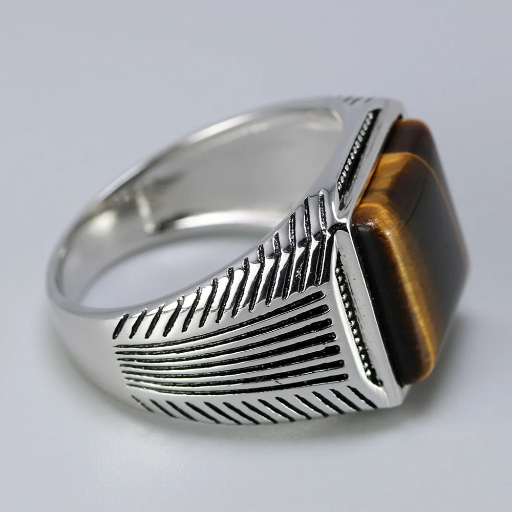 New Arrival Sterling Silver 925 Man Ring Tiger Eyes Fine Jewelry Stripe Pattern Natural Stone Cool Retro Punk Custom Jewelry