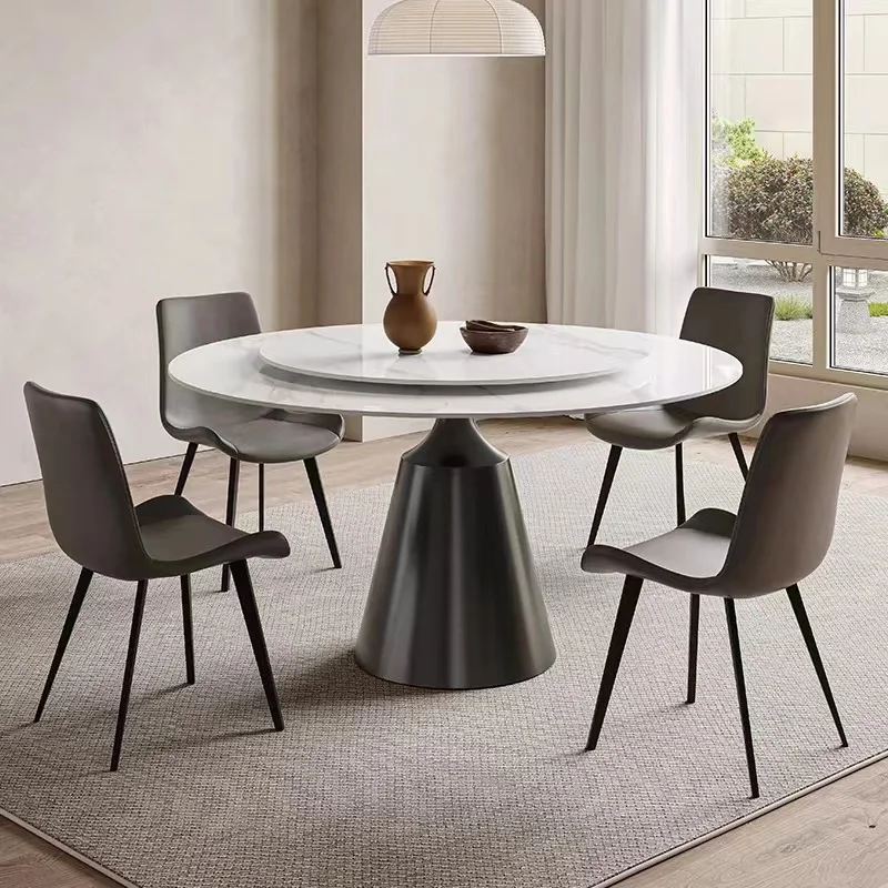 Modern Light Luxury Minimalist Round Rock Board Dining Table Stainless Steel Round Table with Turntable