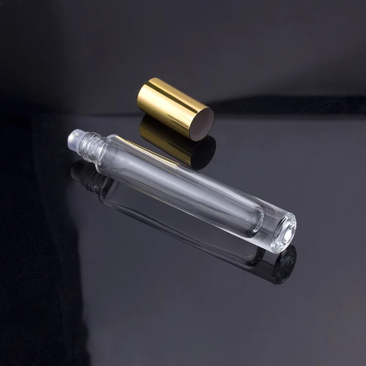 High Clear Slim Thick Round 10ml Roll On Glass Bottle Square Perfume Oil Bottles with Gold Silver Cover Lid