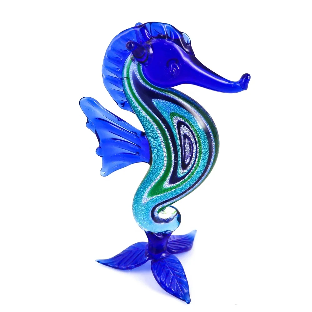Murano Lampwork Blue and Green Art Glass Sea horse Fish Figurines