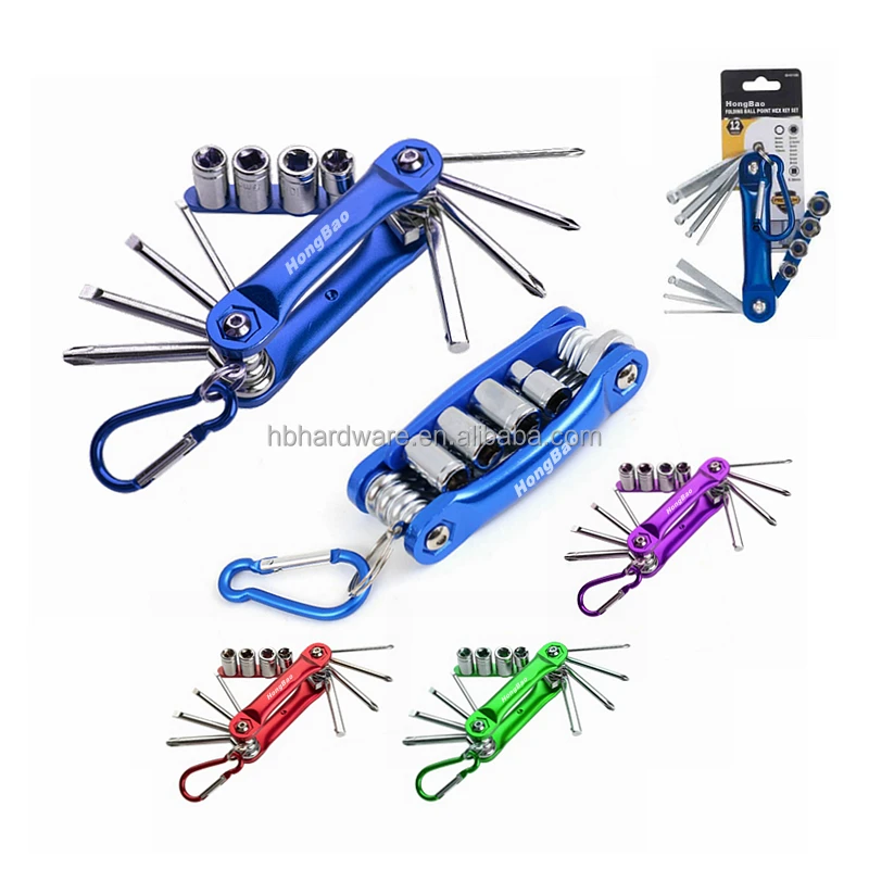 New Design 12Pcs Aluminum Handle Hand Tools 8 hex screwdriver with 4 socket bits  torx folding hex key folding torx Key Ring Kit