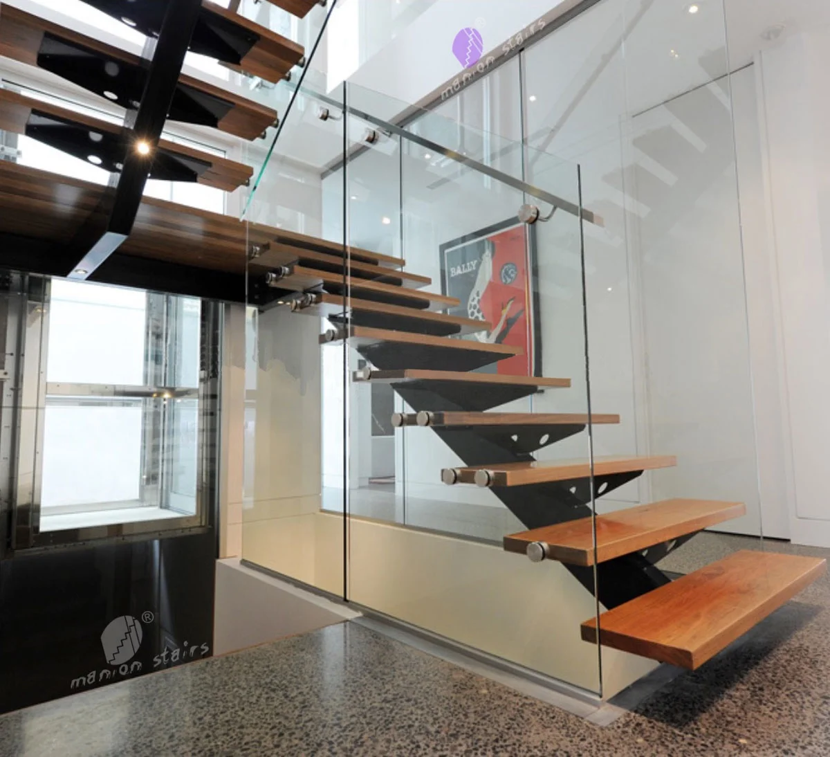 Contemporary Mono Stringer Staircase with Glass Railing for Loft Penthouse