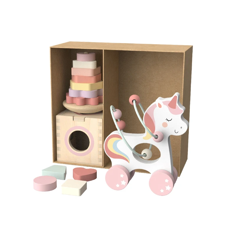 3 in 1 Box Wooden Around Bead Maze Push Along Pink Unicorn Stacking Toy Montessori Sensory Toys for Kids
