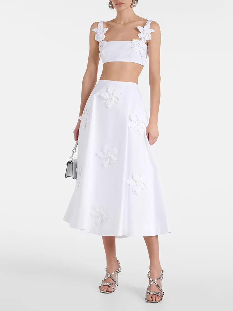 2024 new star fashion spaghetti-strap camisole top three-dimensional flower mid-length dress set two-piece set