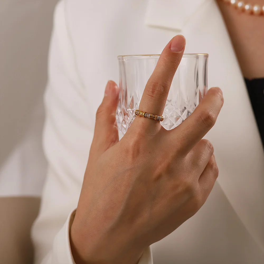 New 18K Gold Plated Stainless Steel Jewelry Dainty Bamboo Uneven Design White Diamond Rings For Women