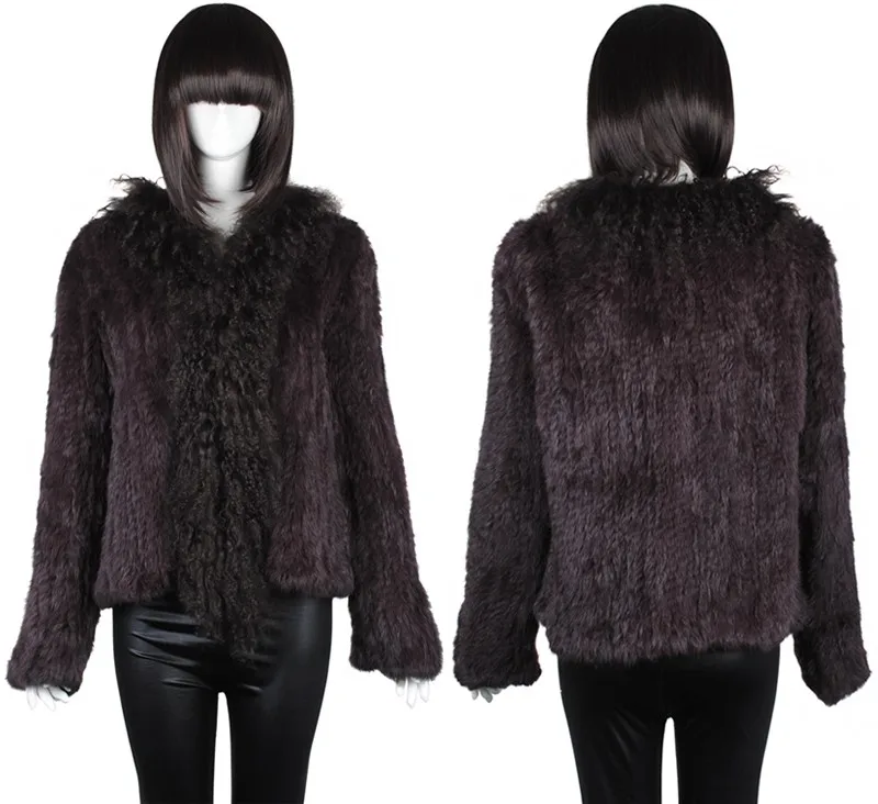 YR108 Girls Fashion Style Ladies Genuine Rabbit Fur Jacket with Mongolian Sheep Trimming Hand Knit Real Fur Coat