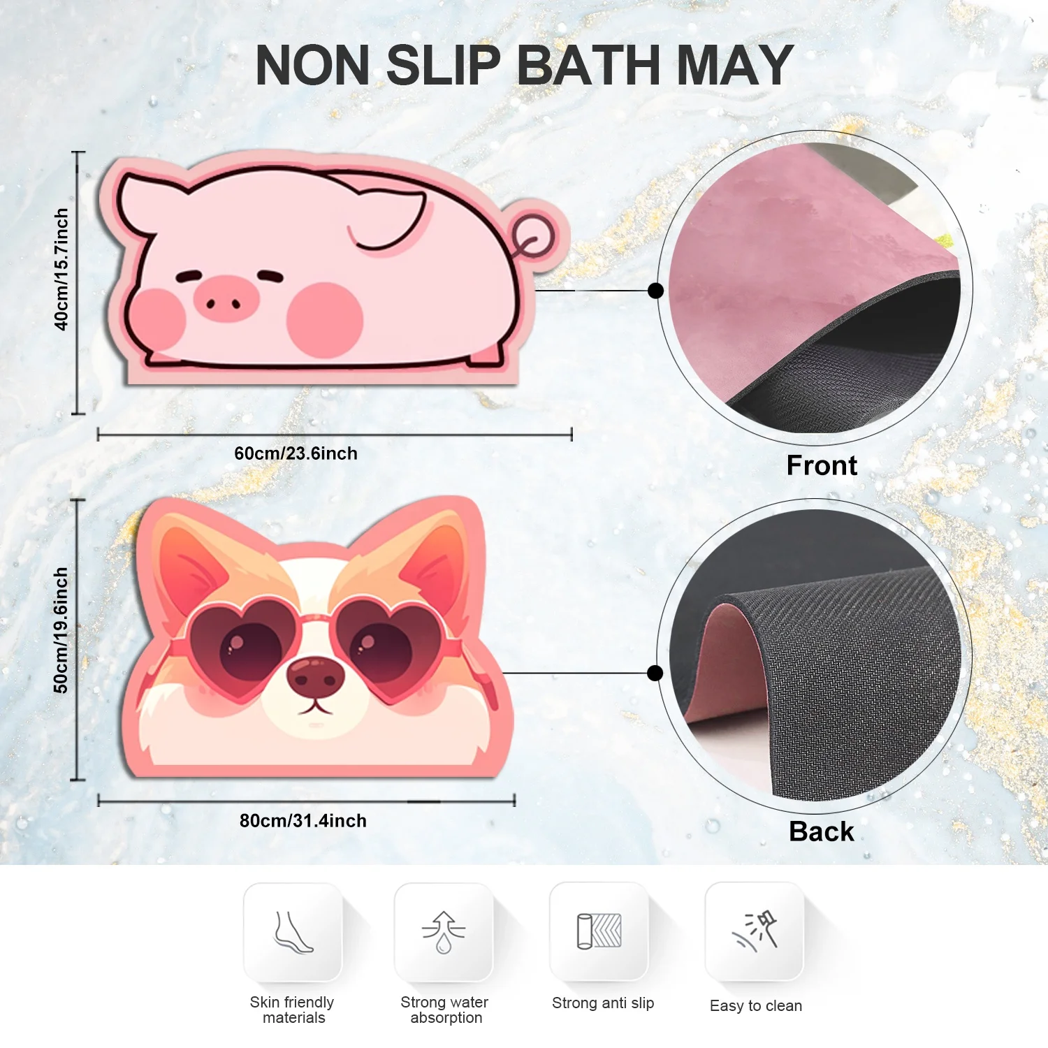 SANFAN Cute Non-Slip Dog Bath Mat 50 x 80 cm Rubber Shower Mat with Cute Animal Print Washable for Home or Hotel Use