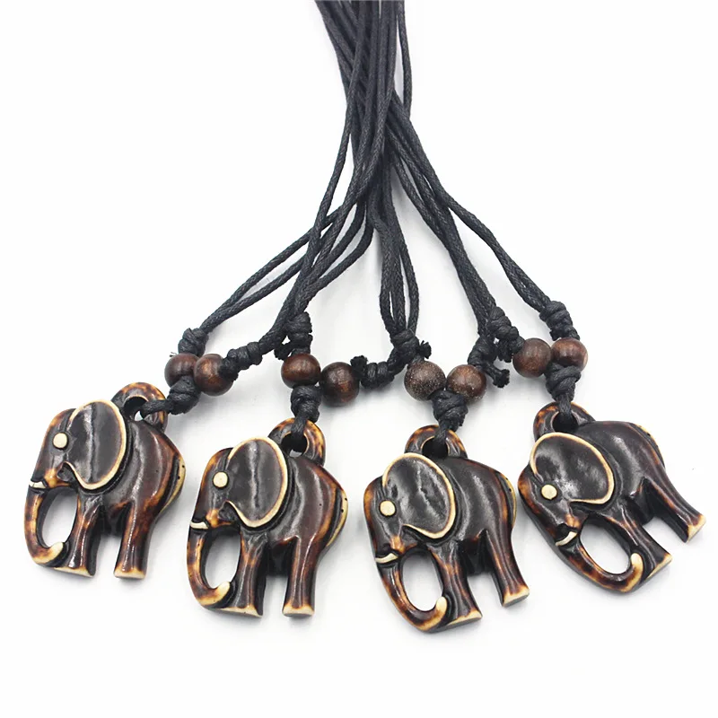 Bohemian Ethnic Style Black Rope Wooden Beads Necklace Retro African Tribal Hand Polished Brown Resin Elephant Pendant Necklace