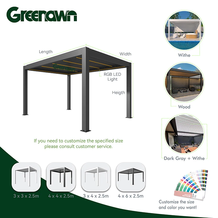 3*4m Luxury Garden Patio Pergola Motorized Aluminium Pergola Gazebo With Retractable Curtains