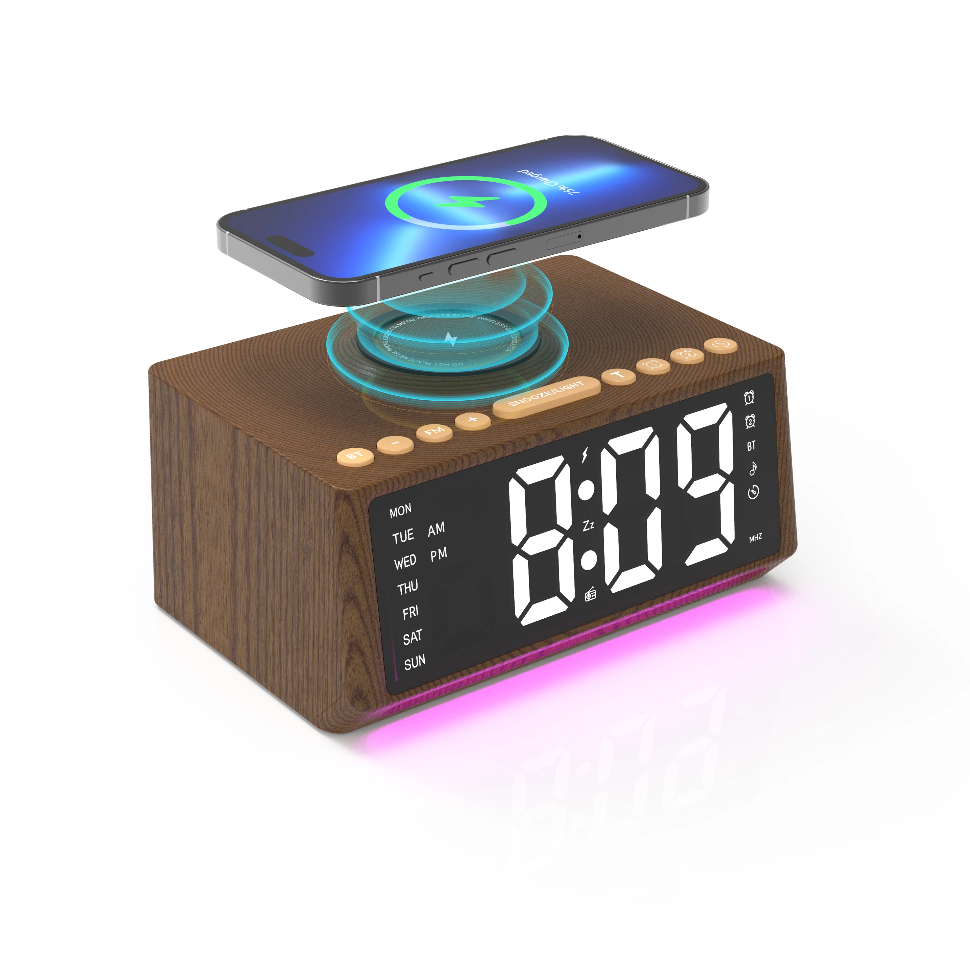 Wholesale Bedside Bt Wooden Clock With Fm Radio 15W Wireless Charging Station Alarm Clock With Speaker