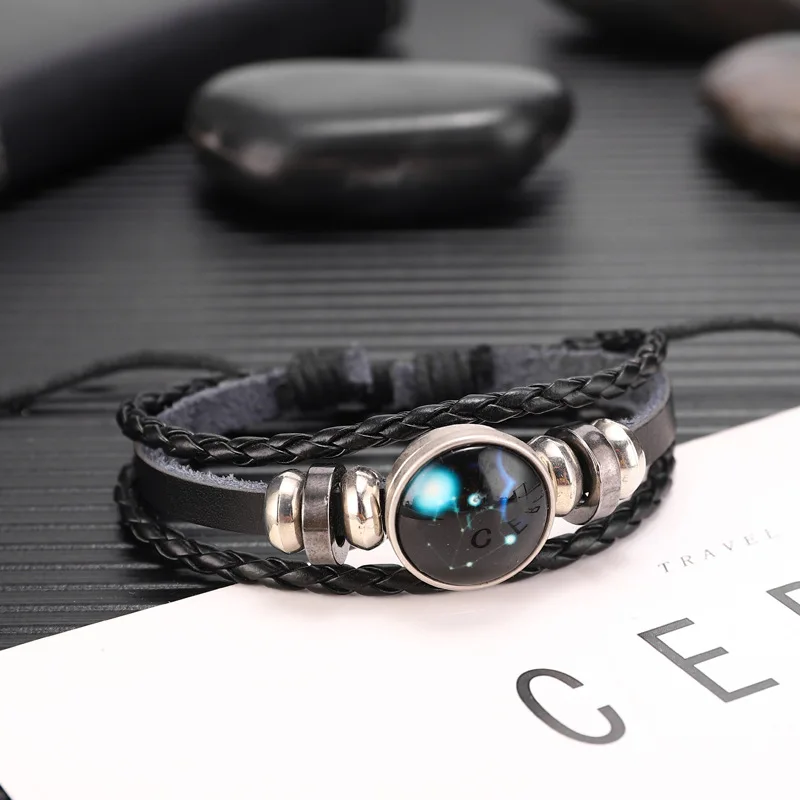V&R 12 Zodiac Luminous Constellations Bracelets beaded Handmade Charm Punk Rock Braided Men Leather Bracelets