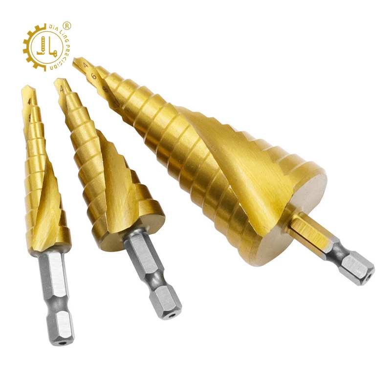 Hex Shank Straight Groove Titanium Plated Step Drill Bit Set High Speed Steel Spiral Flute HSS Step Drill Bit 4-12/4-20/4-32mm