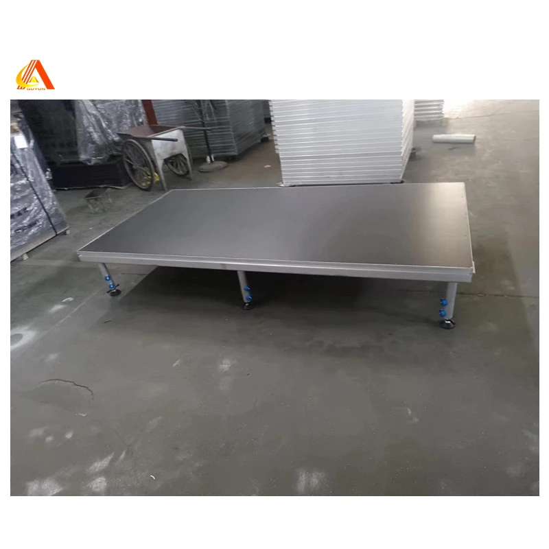 Easily assemble and set up aluminum 4-leg portable stage platform adjustable height legs