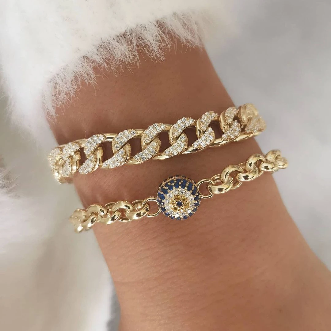 BAROLI Cuban Thick Link Chain watch Bracelet Luxury 925 silver Bracelets golden zircon Bangles Bling