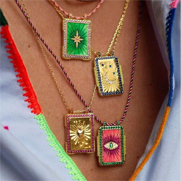 Wholesale Collares Mujer Copper 14k Gold Plated fashion Vintage Big Square Pendant Tarot Card amulet Necklace For Women