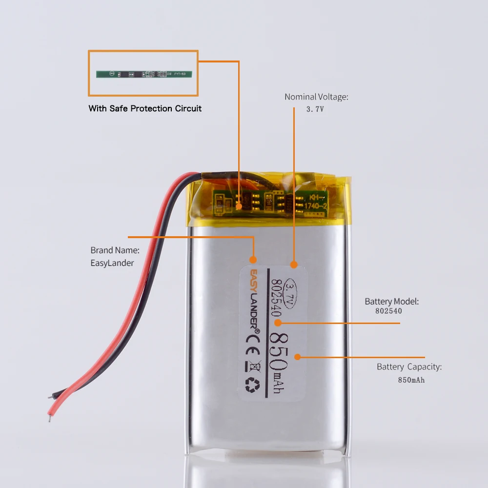 
802540 3.7V 850mah lithium li polymer rechargeable battery for electronic book tablet toys Mobile Pocket replacement 