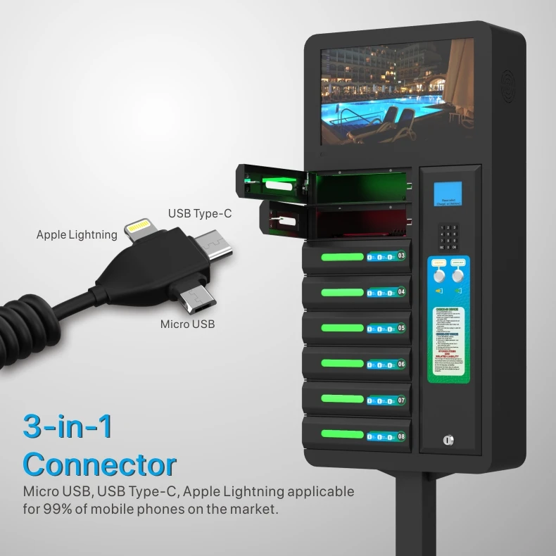 LCD display advertisement 8 box 3 in 1 micro /type c /8 pin charging locker for Shop Office School Public