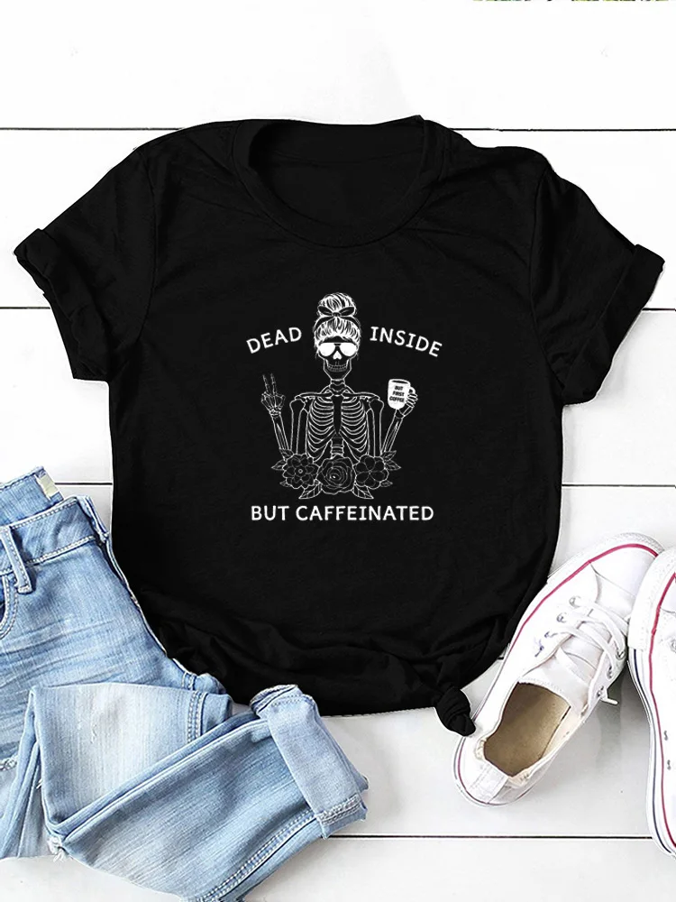 2024 Horrible Fearsome Fashion Tee Women Human Skeleton Print Small O Neckline Loose Stylish Commuter Sports Style Graphic Tee