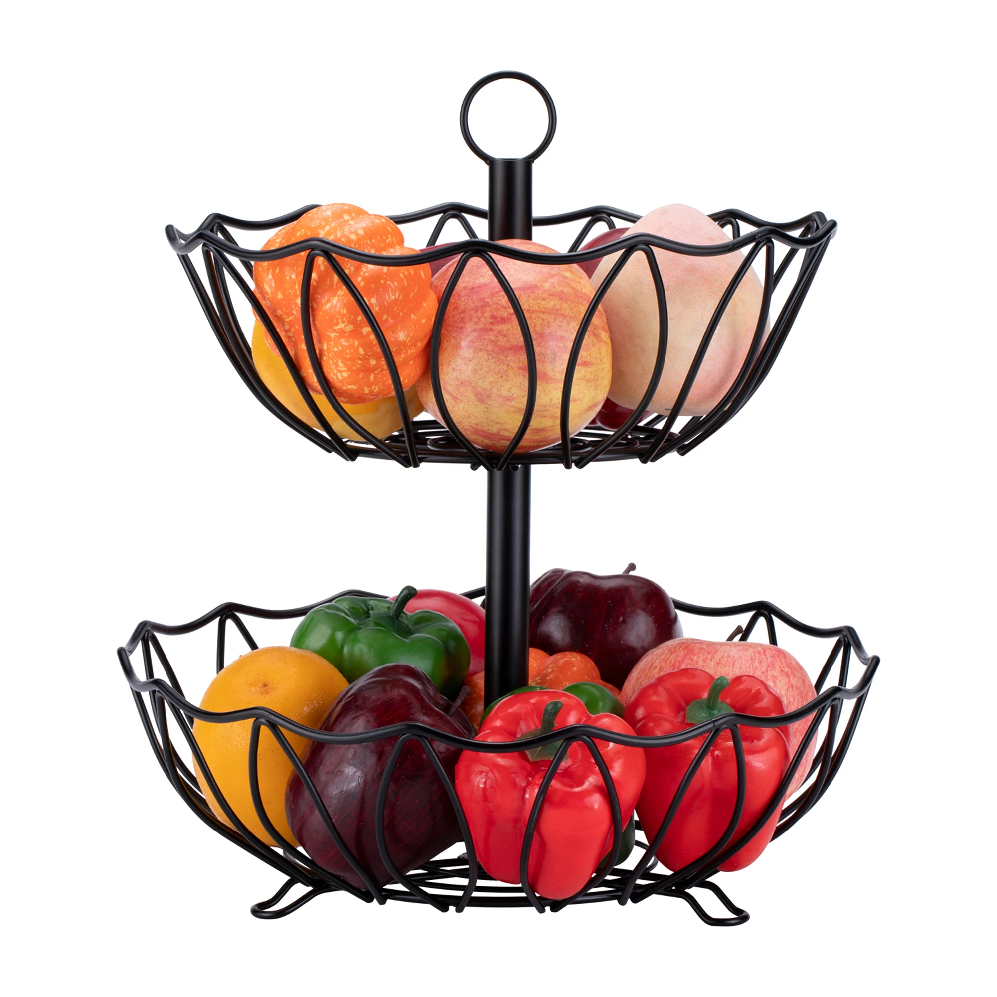 2024 Hot Sale 2 tier black color iron wire modern home kitchen storage organizer rack fruit basket