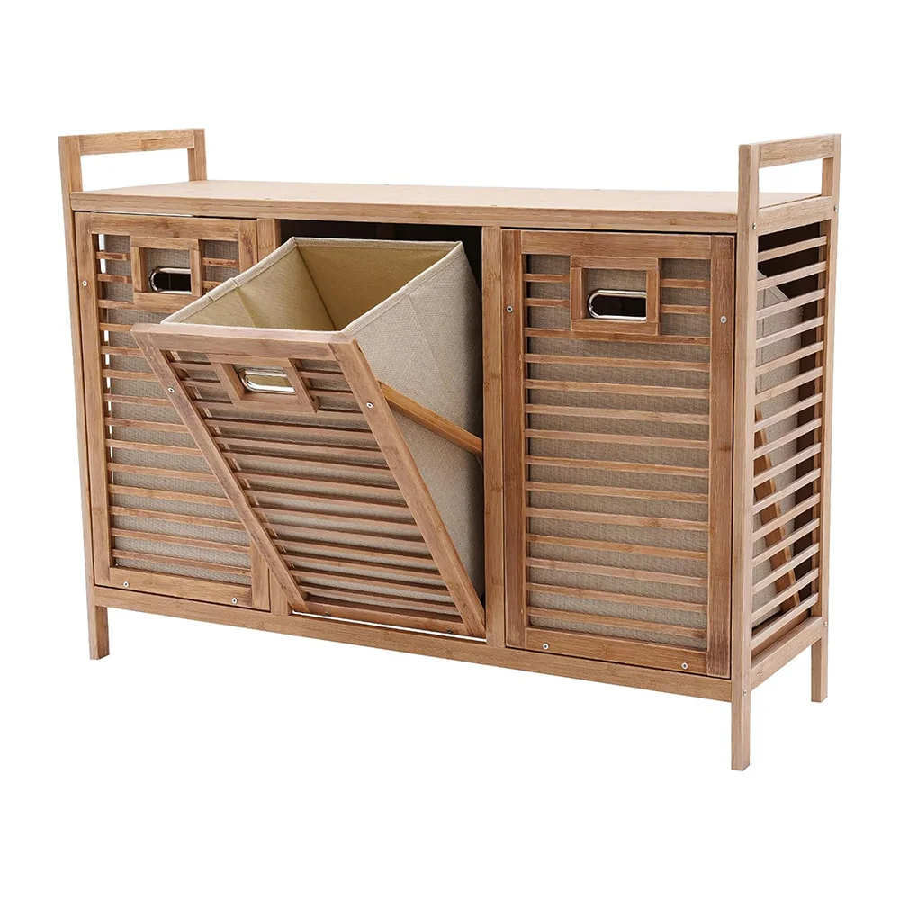 Bathroom Large Capacity Folding Bamboo Laundry Basket Portable Dirty Clothes Storage Hamper With Shelf And 3 Bags