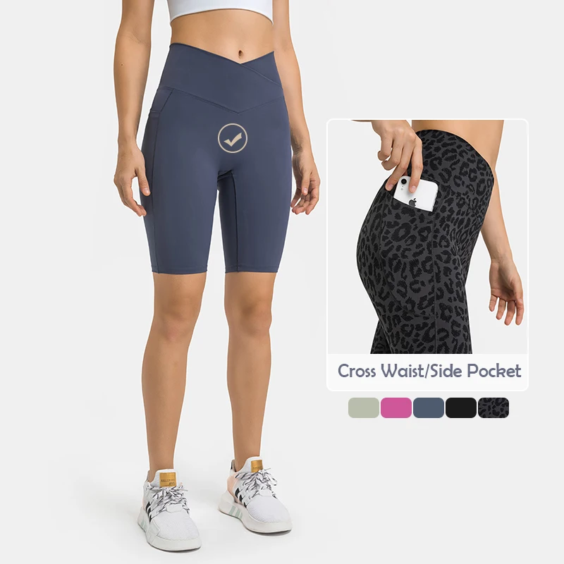 2 Kind Fabric Cross Waist Fine Stitch Women Short Leggings Side Pocket Design Tummy Control Gym Fitness Biker Shorts