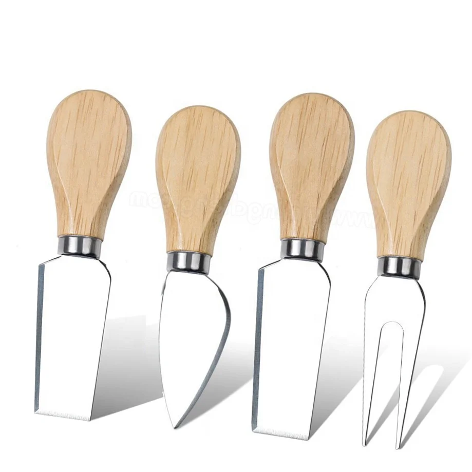 Round Wood Cheese Cutting Board Set Stainless Steel Cheese Shaver Spreader Fork Wooden Handle Cheese Knife
