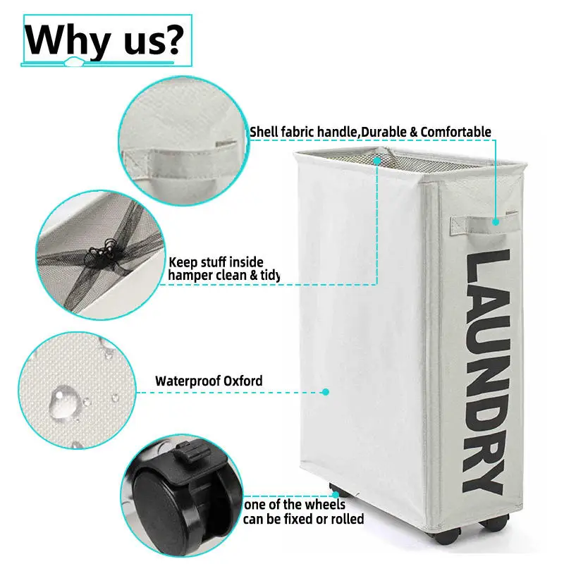 Rolling Slim Laundry Basket Foldable Waterproof Sorter Organizer On Wheels Tall Thin Dirty Laundry Hamper Basket Home Corner Bin