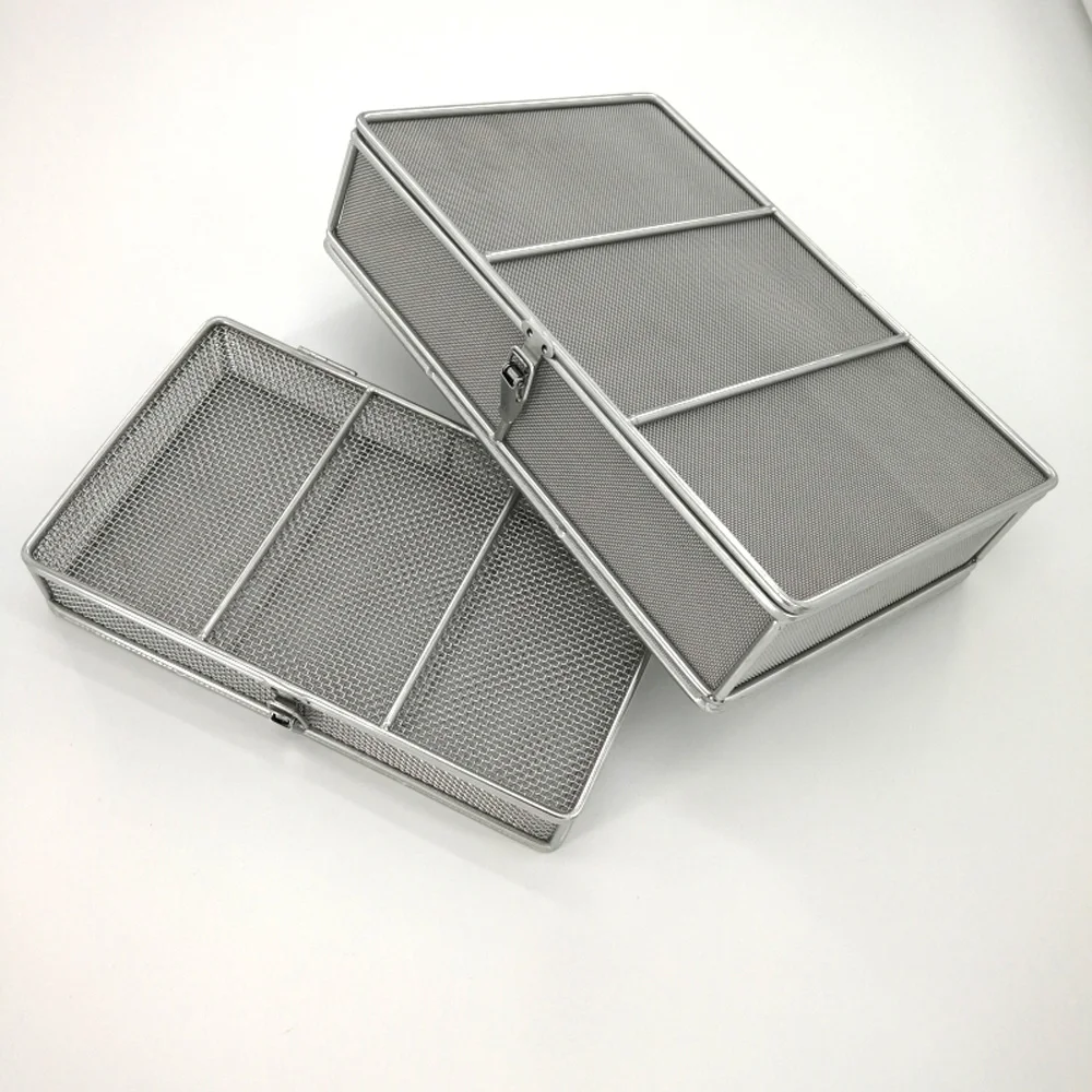 304 stainless steel square medical dense mesh disinfection storage basket instrument ultrasonic cleaning basket with cover