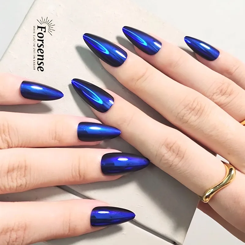 glam chrome metallic press on nails art professional bulk mirror false nails with glue fashion stiletto artificial fingernails
