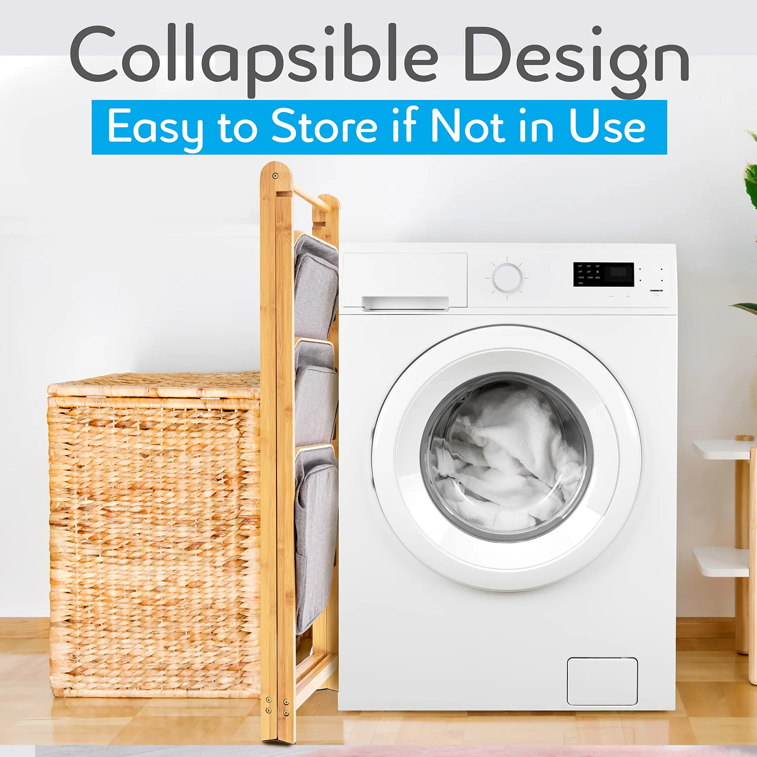 3 Tier Fold Out Hamper Shelf Storage Space Saving Collapsible Foldable Natural Bamboo Wooden Organizer Removable Baskets