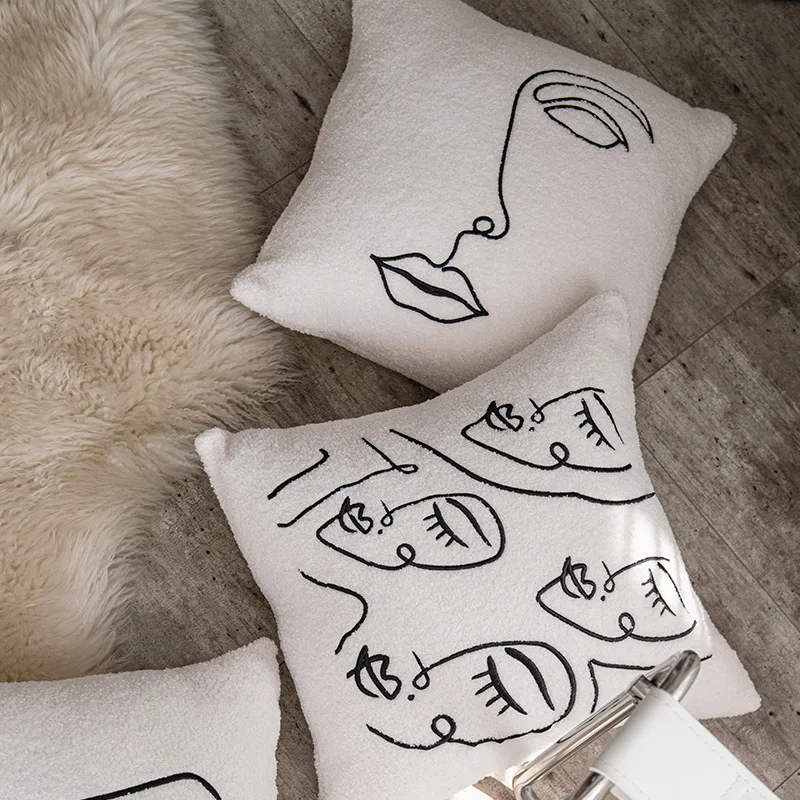 Modern Woman Girl Face Black and White Abstract Pillow Cover Home Art Decor Face Profile Outline Embroidery Cushion Cover
