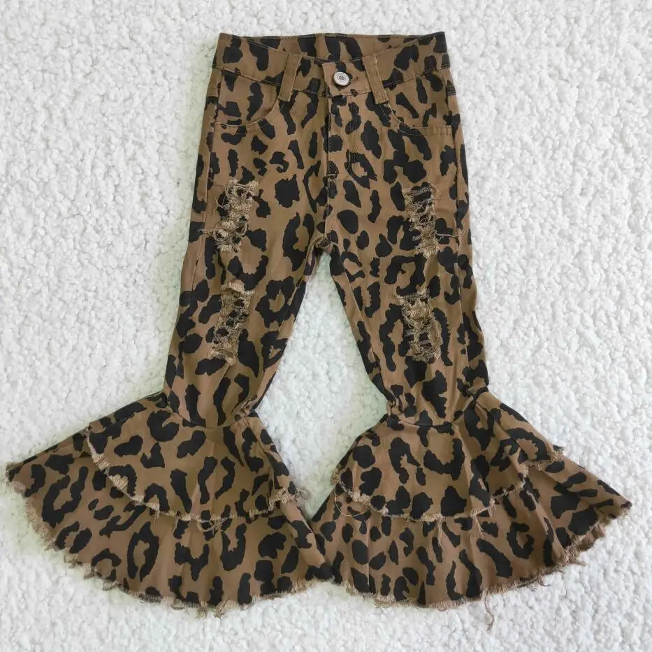 New Arrival Double Flares Bell Bottom Leopard Pants Jeans Adjustable Belt with Button Children Jeans Denim Pants NO MOQ
