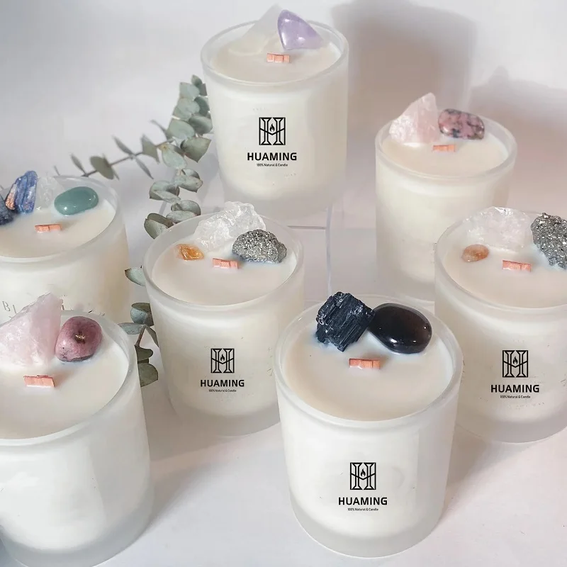 Huaming Small Novelties Wood Wick Gemstone Aromatherapy Luxury Candles Custom Tea Rose Soy Wax Crystal Glass Scented Candle